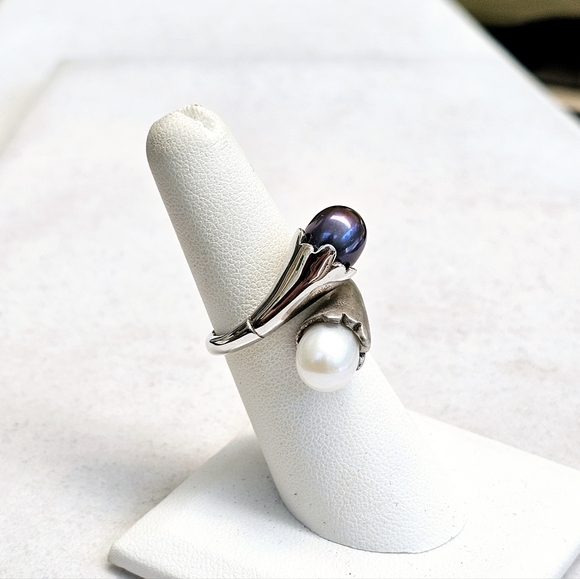 Akoya & Tahitian Pearl 925 Sterling Silver Bypass Ring TARA T&S *RARE - Picture 2 of 15